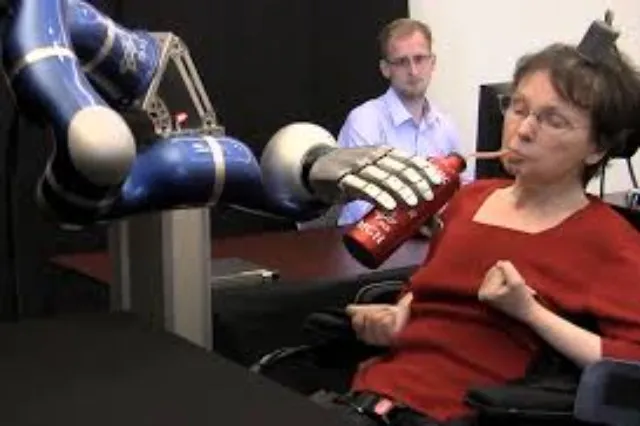 Robotic arm from the BrainGate system, showing the mechanical limb used in reach-and-grasp trials