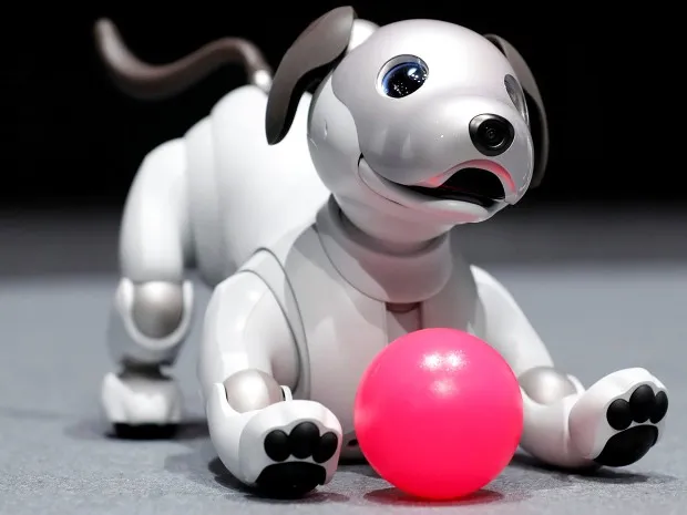Sony AIBO ERS-110 robot dog, a four-legged white plastic robot with camera eyes