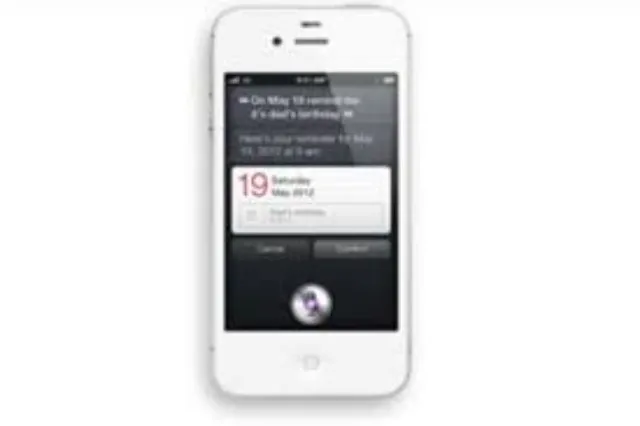 An iPhone 4S displaying the Siri voice assistant interface on its screen