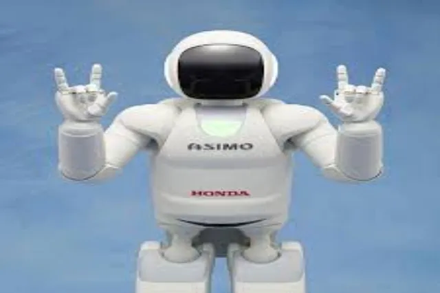 A white humanoid robot with a rounded helmet-shaped head, mid-stride on a flat surface