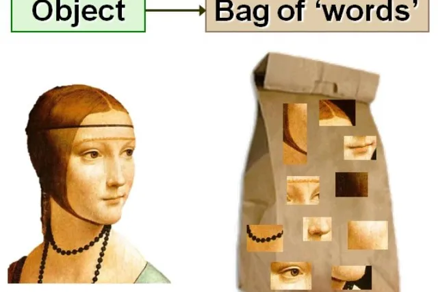 Grid of image patches grouped into clusters representing a visual vocabulary