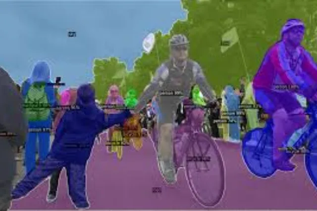 Grid of photographs with colored bounding boxes and segmentation masks overlaid on detected objects