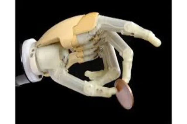 A prosthetic hand with five individually articulating fingers attached to a forearm