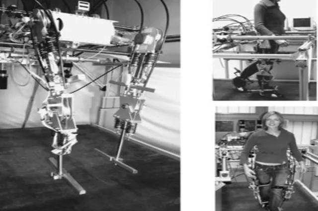A person wearing a robotic leg exoskeleton frame while walking on a treadmill, with support structure around them