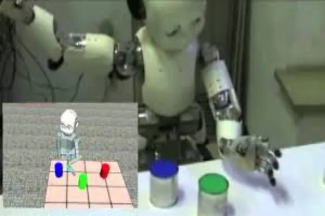 A virtual robot body displayed in a 3D simulation environment on a computer screen