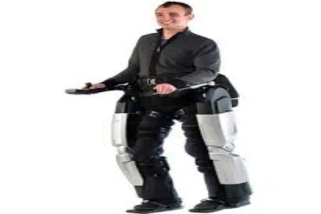 Person seated in a wheelchair beside a standing figure wearing a white robotic leg exoskeleton
