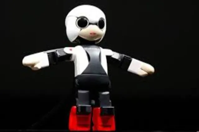 Small white humanoid robot, roughly 34 cm tall, designed for speech interaction