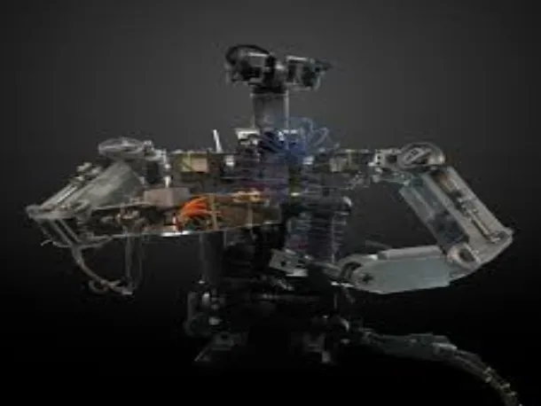 Upper-torso humanoid robot with a head, two arms, and visible mechanical components