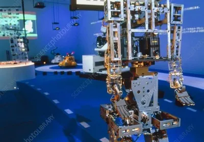 A full-body humanoid robot with two arms and legs, standing upright in a laboratory setting
